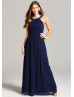 Navy Blue Chiffon Beads Halter Long Prom Dress